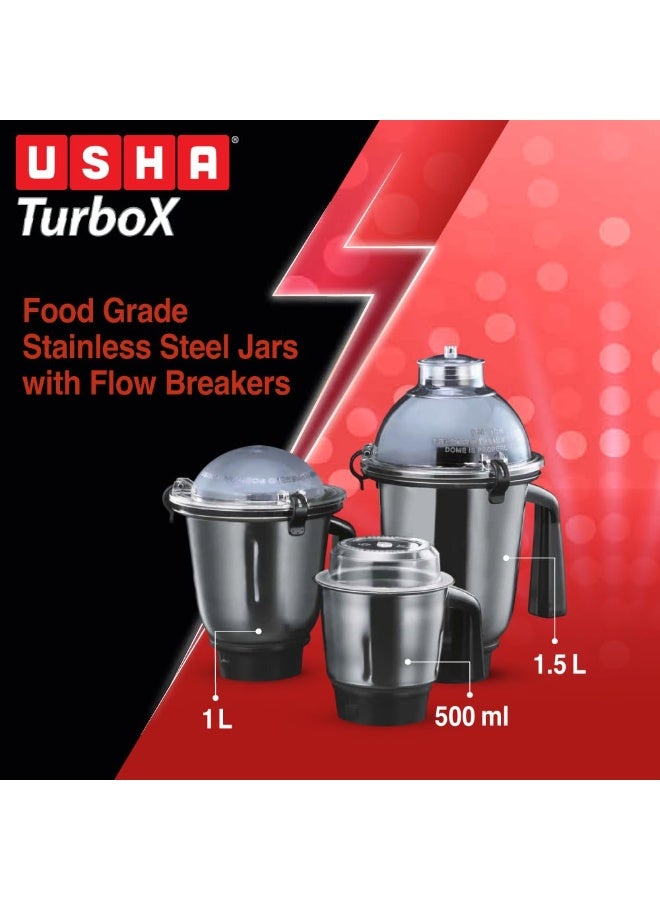 USHA 1200W TurboX Mixer Grinder | Faster and finer grinding | 100% Copper motor for long life, durability | 4 Stainless Steel Jars With Fruit Filter | 24000 rpm | 90 minutes continuous run time - Image 2